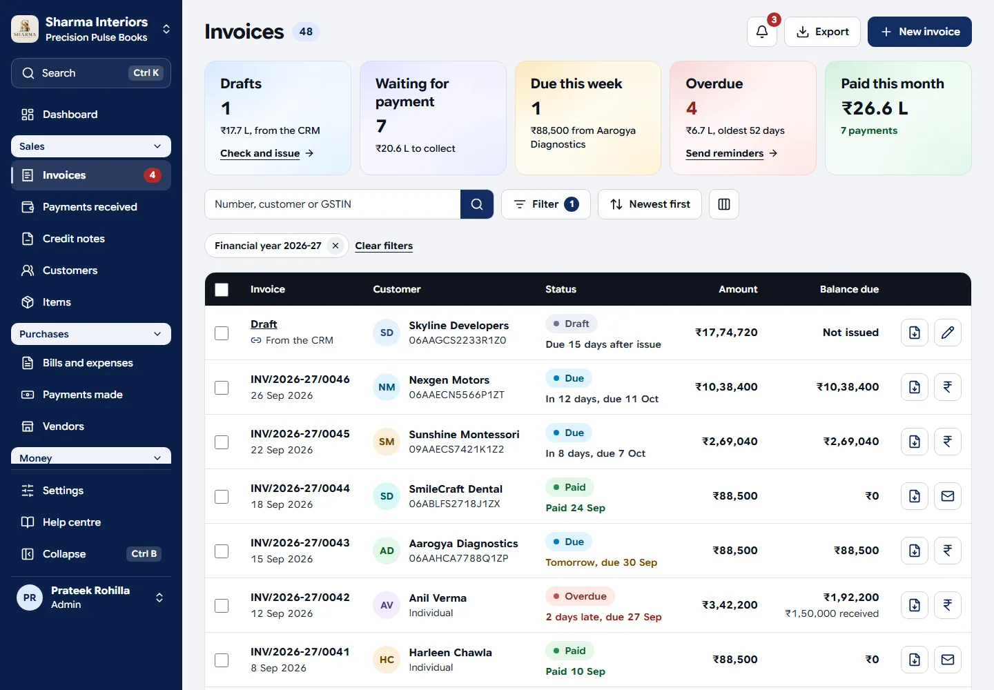 Precision Pulse Books invoice list with status and balance due