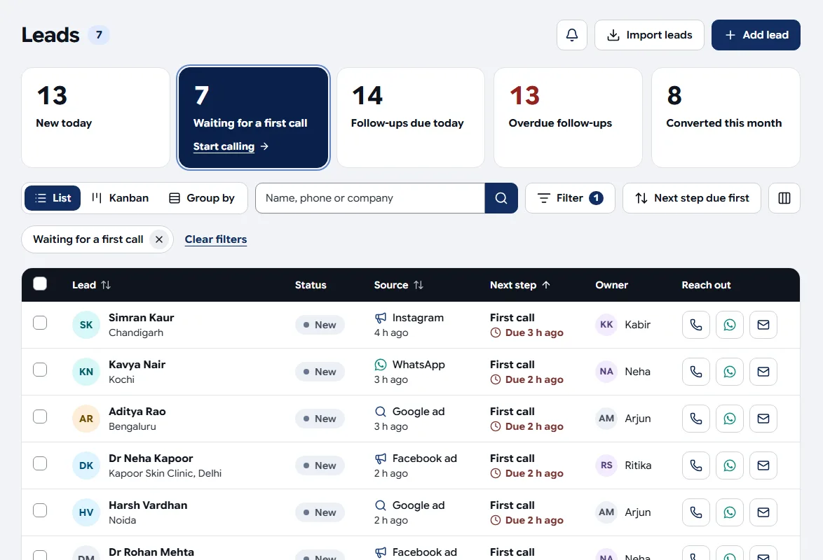 Precision Pulse CRM first call queue for new leads