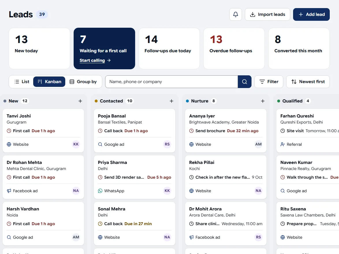 Precision Pulse CRM lead pipeline board with first call and follow up reminders