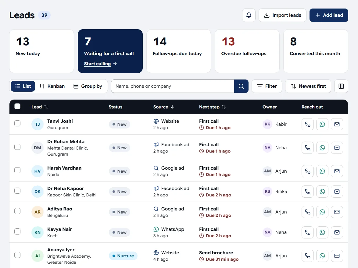 Precision Pulse CRM leads list with source, status, owner and next step